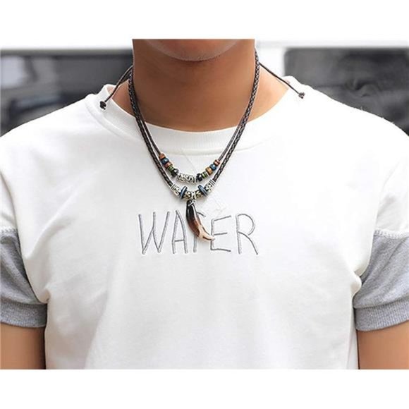 Men Leather Necklace Vintage Tribal Style Boho Hipppie Double Layered Braided - Picture 3 of 7